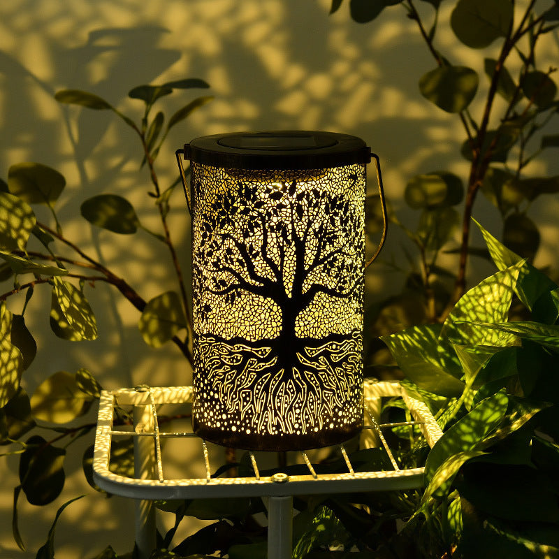 New wrought iron tree lantern, outdoor courtyard solar viewing lamp, decorative atmosphere, hollow hanging lamp